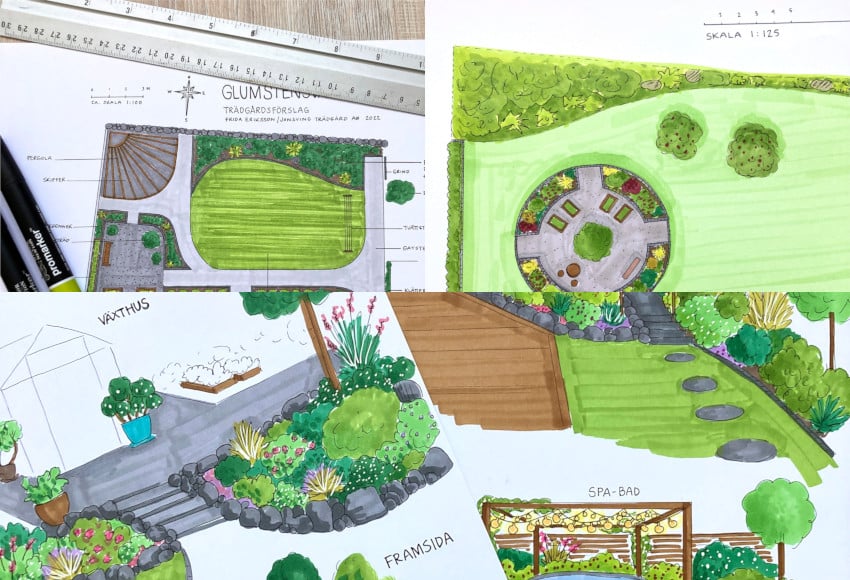 Olika skisser med trädgårdsförslag